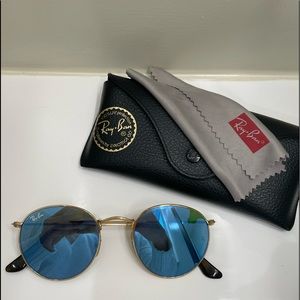 Ray-Ban RB3447N Round Metal Sunglasses, gold frame and light blue lens